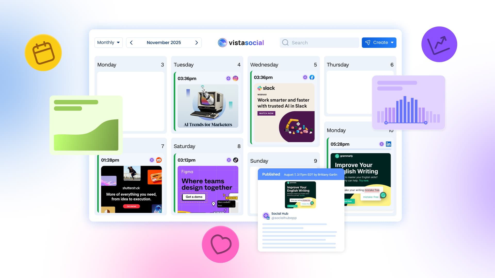An illustration of a dashboard with analytics, scheduling, and more.