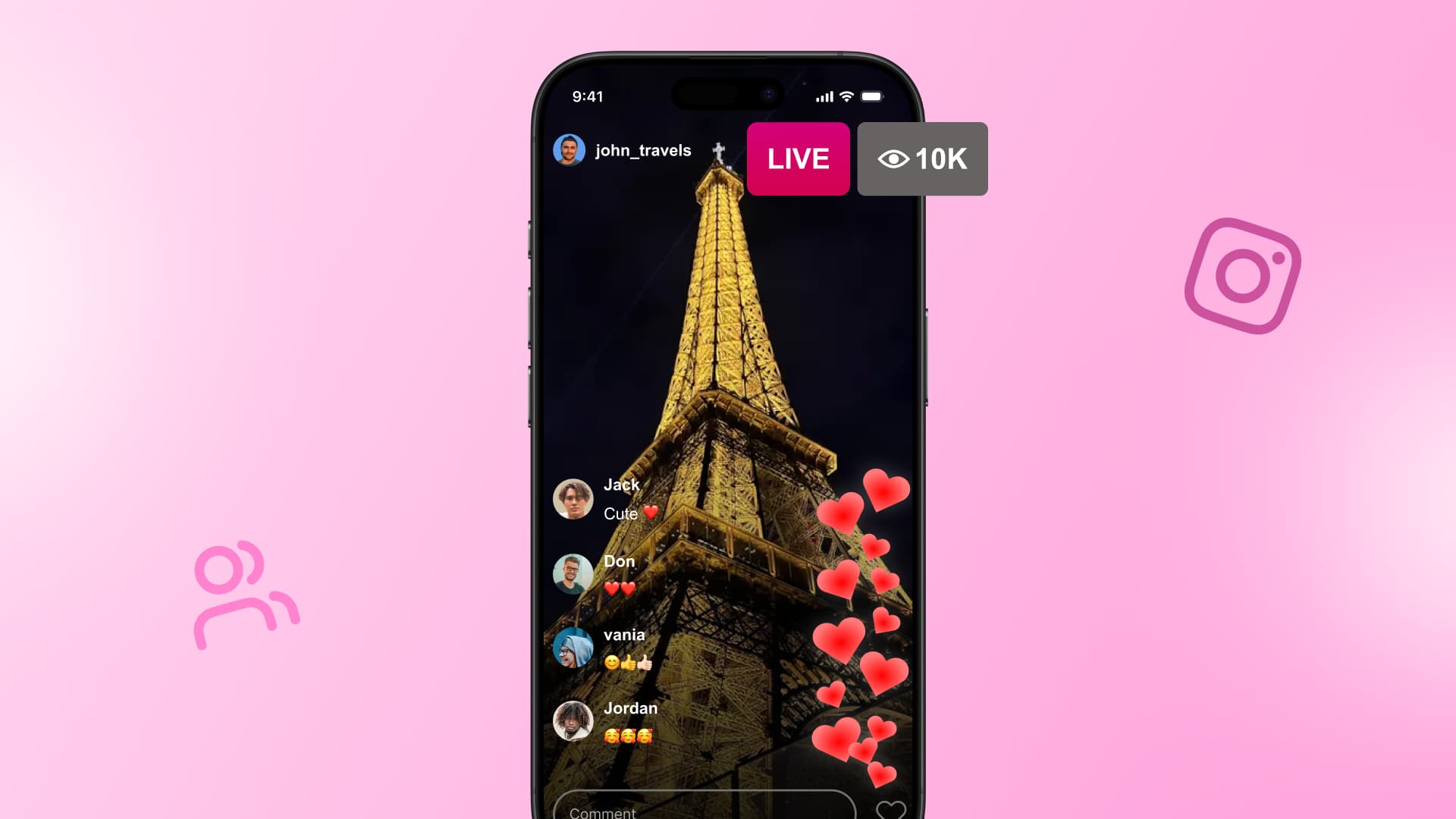An illustration of an Instagram live video on a phone screen.