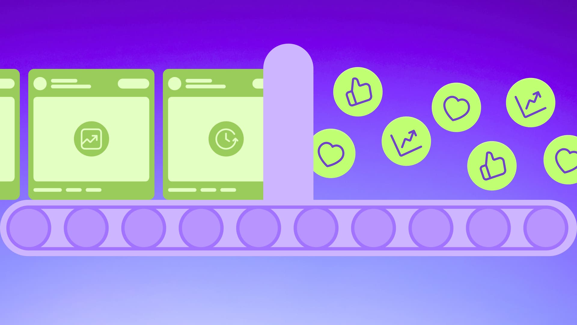 An illustration of an assembly line of social media posts turning into views and engagement.