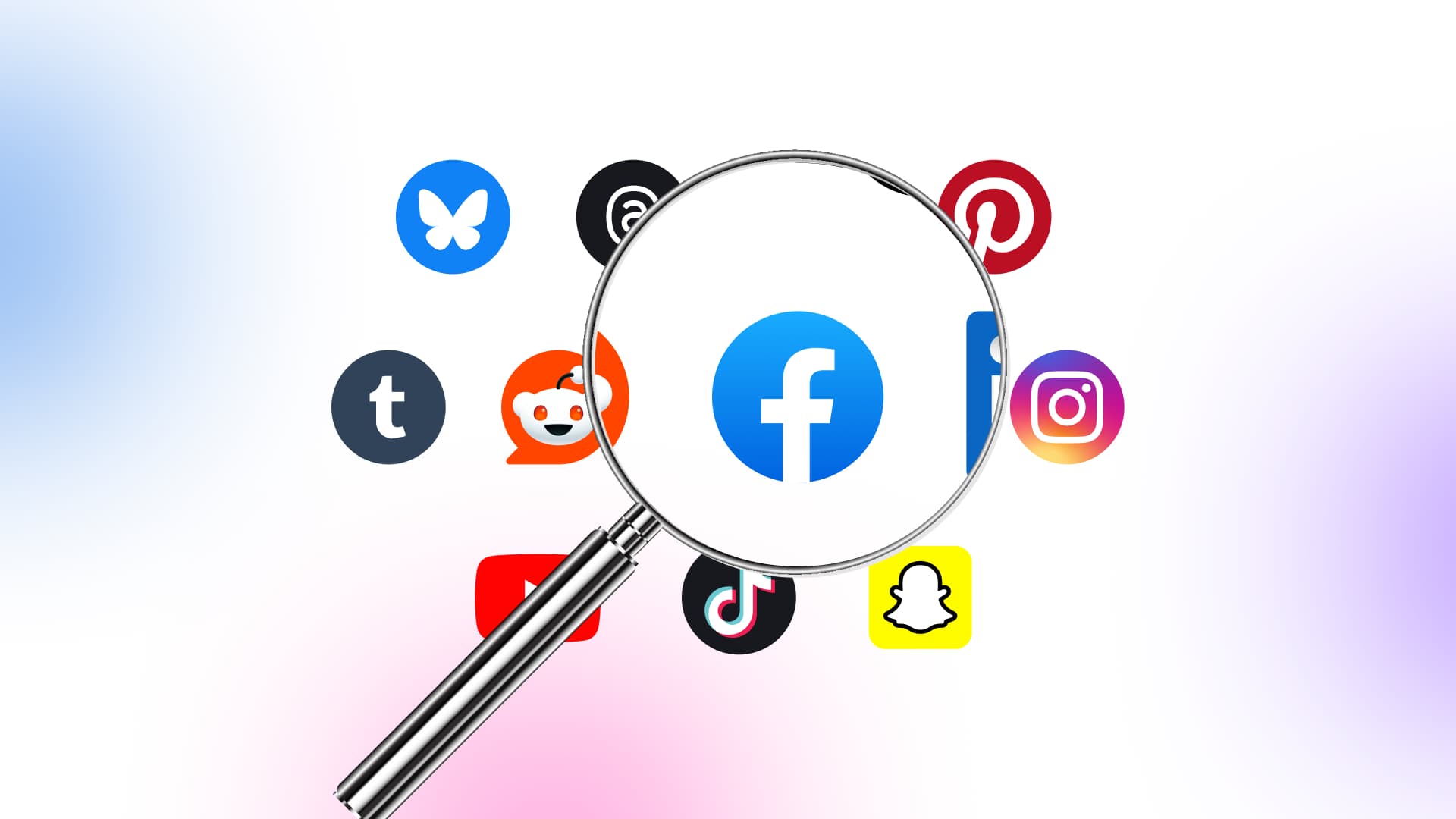 An illustration of a magnifying glass zooming in on social media platform icons.