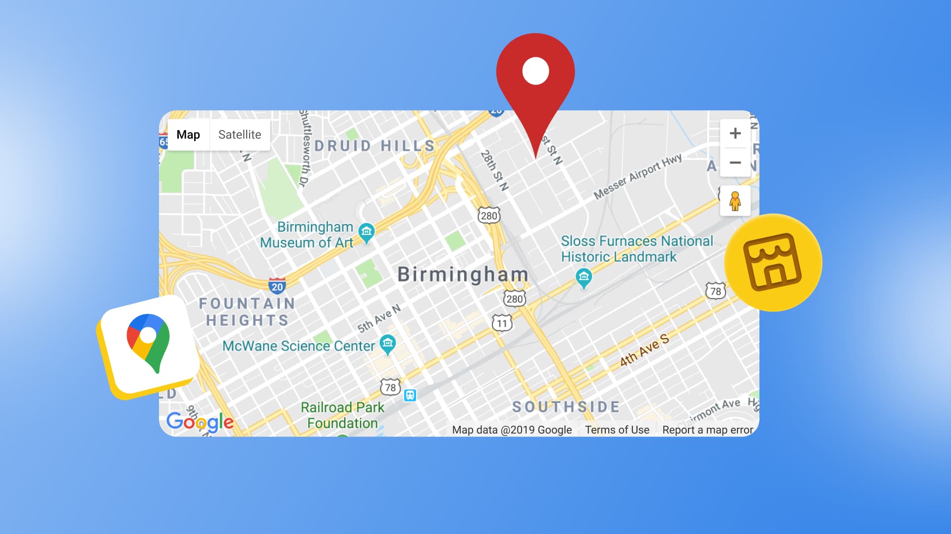 An illustration of a Google Map with a marker on a business location.