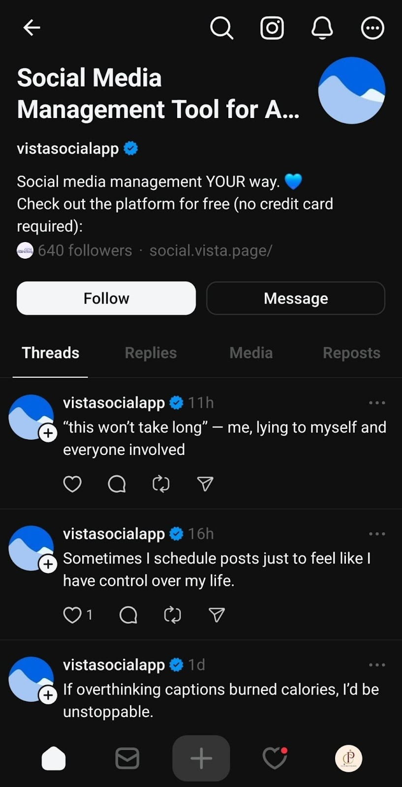 A screenshot of Vista Social's Threads profile.