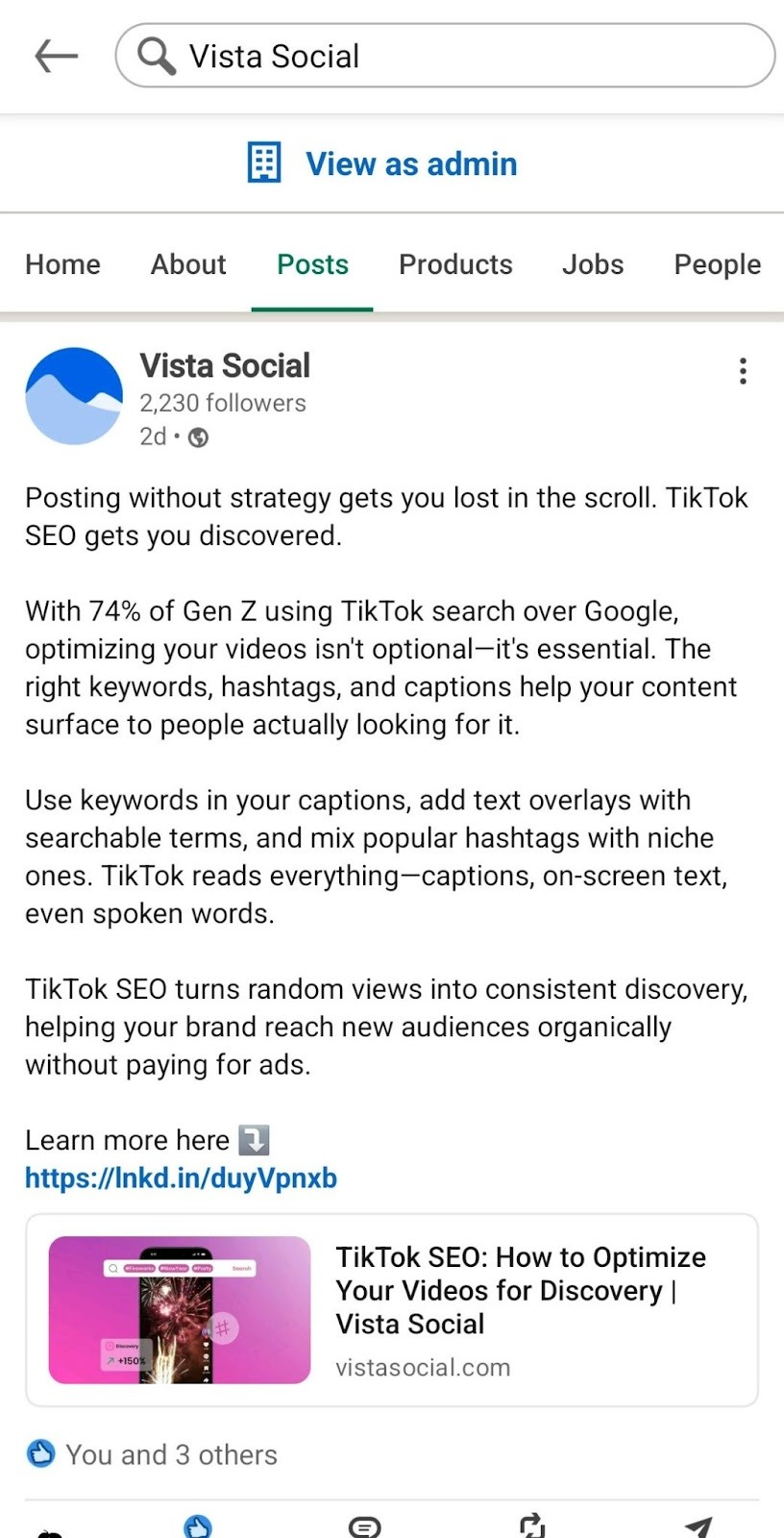 A screenshot of a recent LinkedIn post Vista Social shared about TikTok SEO.