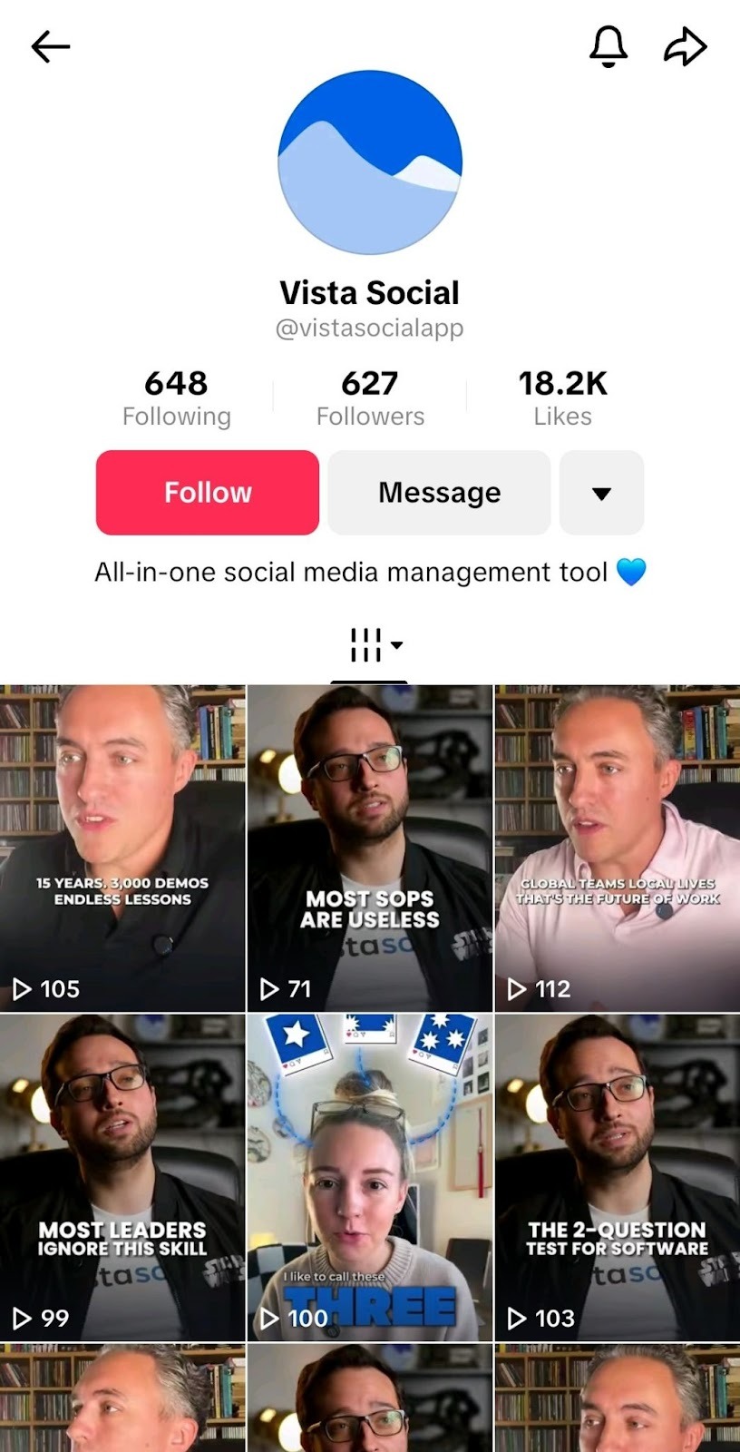 A screenshot of Vista Social's TikTok profile.