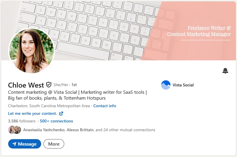 A screenshot of Chloe West's LinkedIn headline.