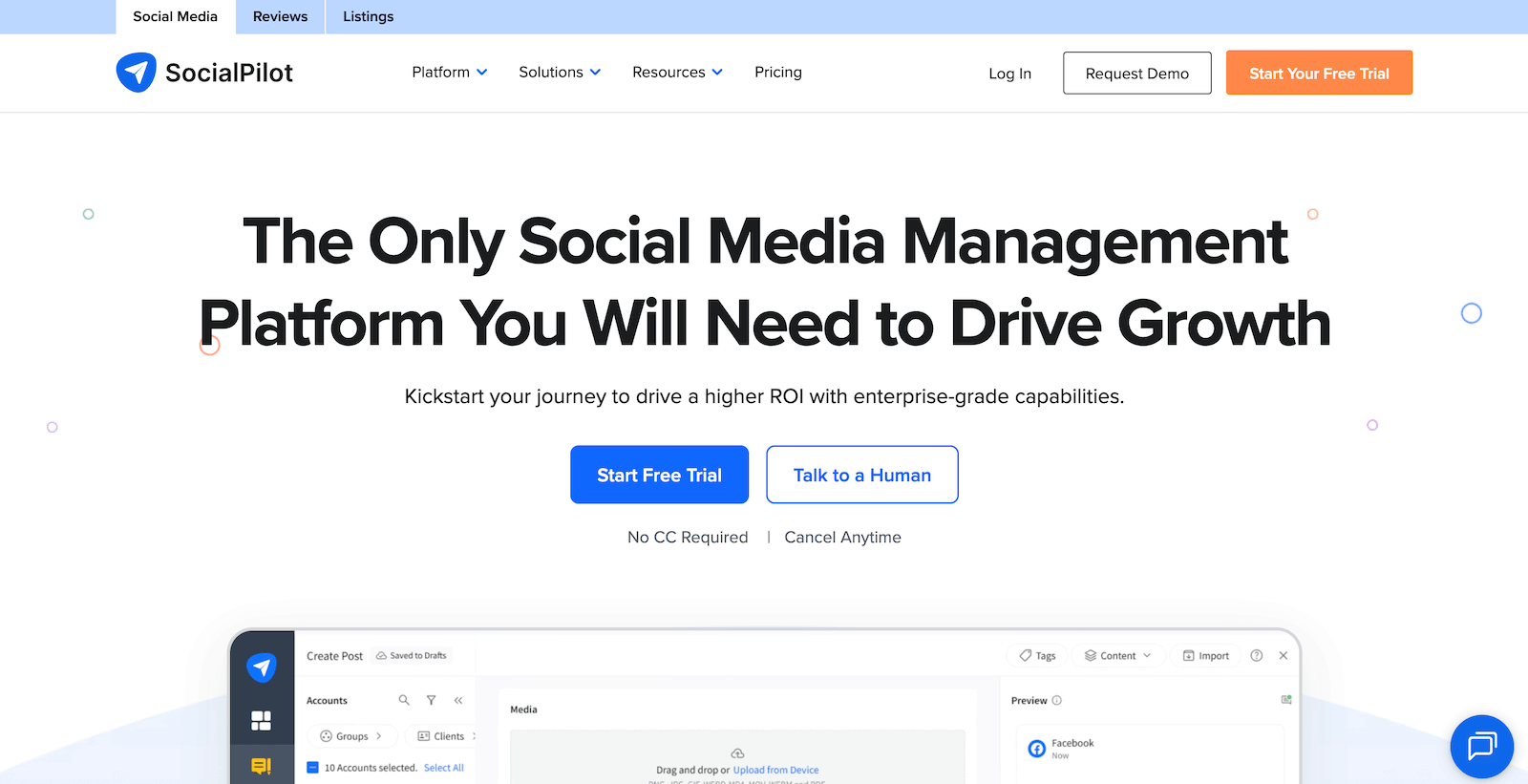 A screenshot of the SocialPilot website.