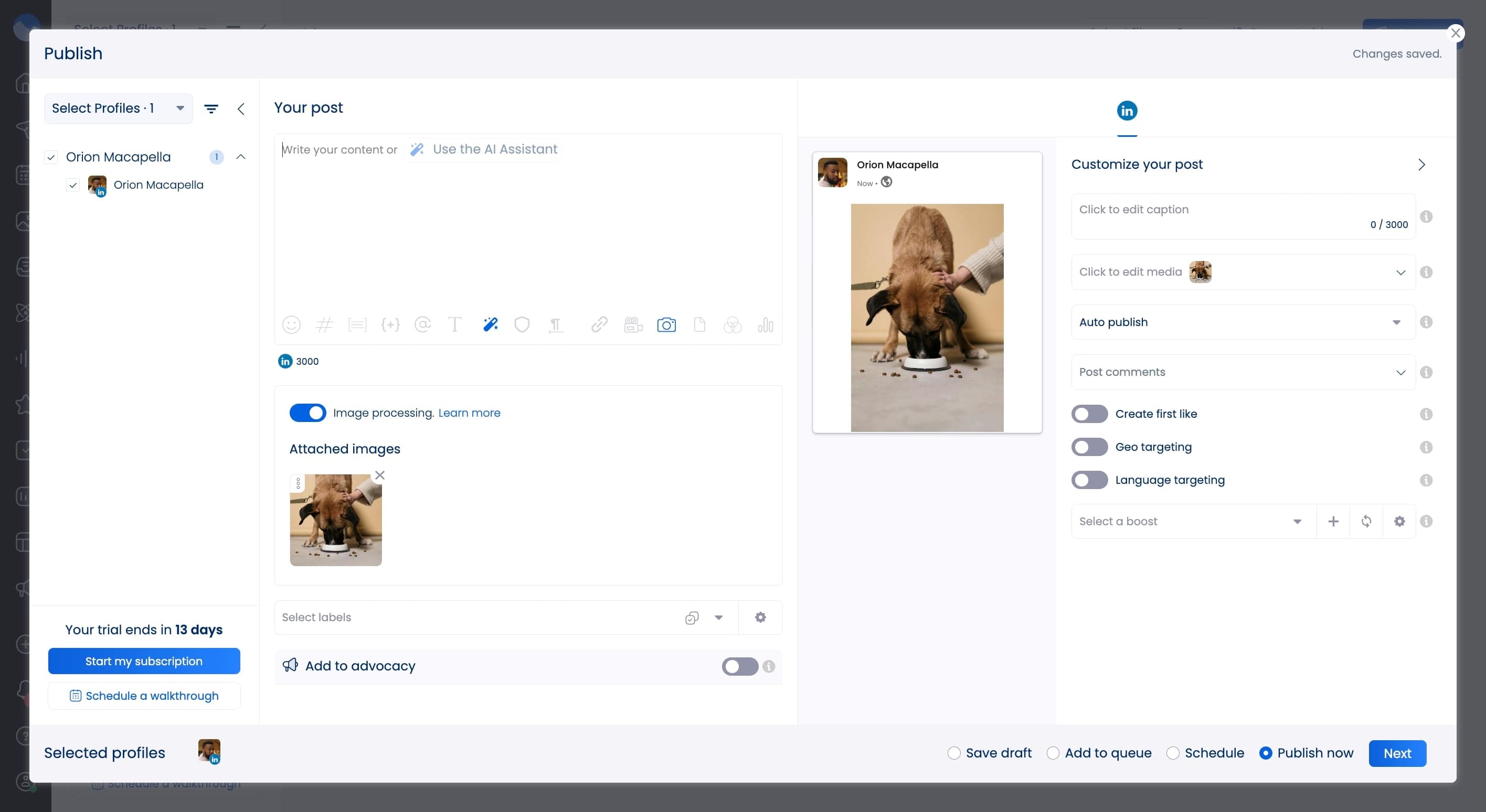 A screenshot of Vista Social's post creation interface.