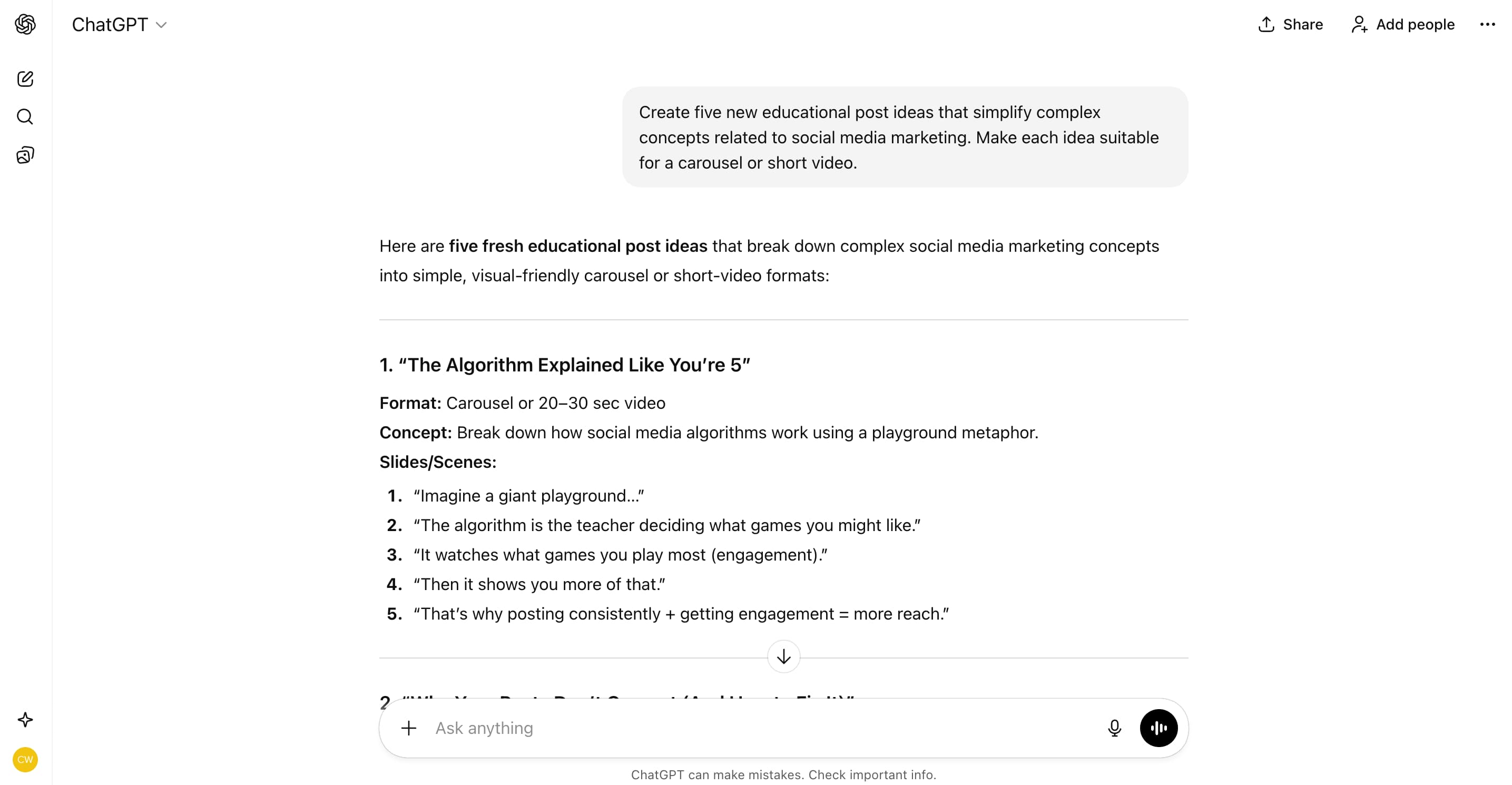 A screenshot of a prompt asking for five educational post ideas in ChatGPT.