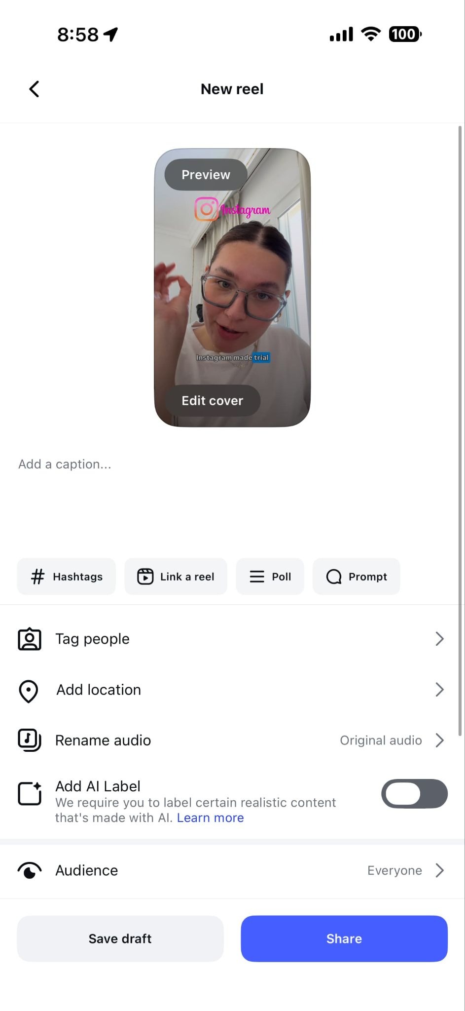 A screenshot of Instagram's reel creation interface.