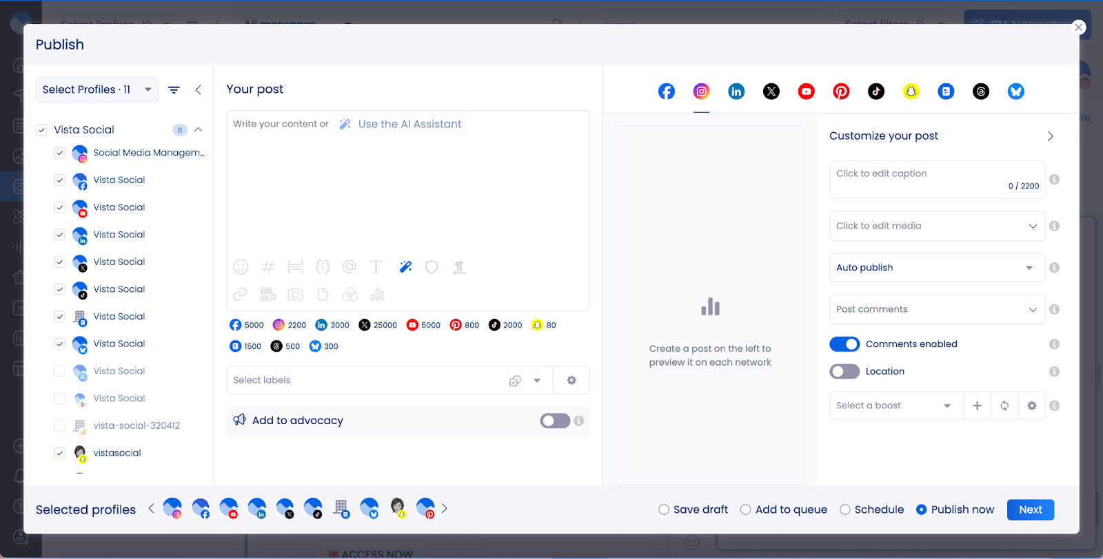 A screenshot of the publishing interface inside Vista Social.