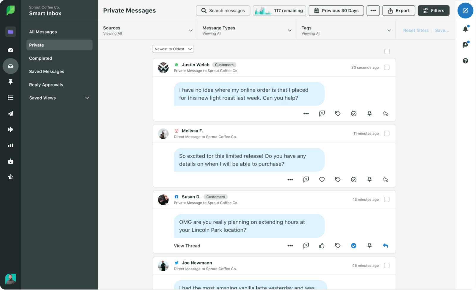 A screenshot of the social inbox in Sprout Social.