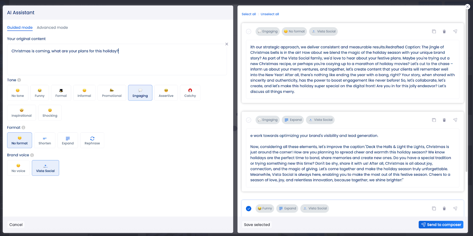 A screenshot of the AI assistant in Vista Social.