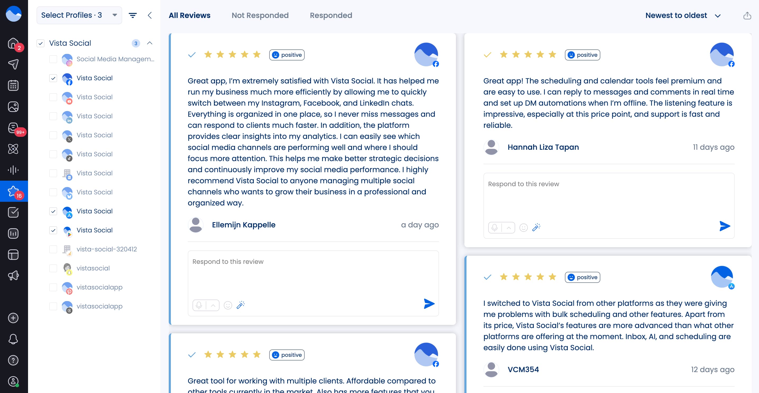 Vista Social's review management interface.