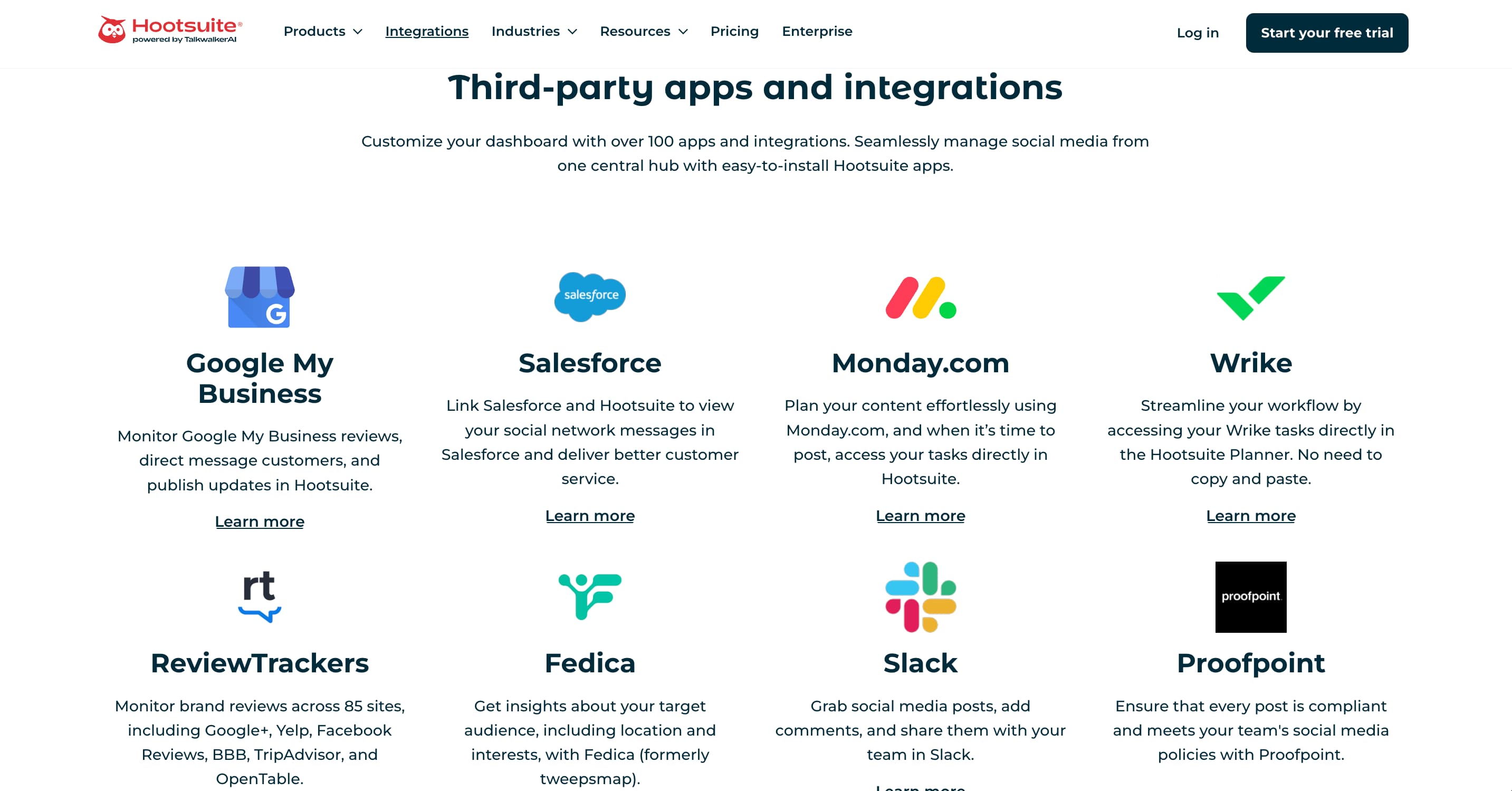 Hootsuite's integrations landing page.