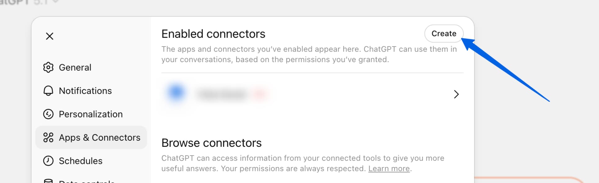 A screenshot showcasing how to create a new connector in ChatGPT.