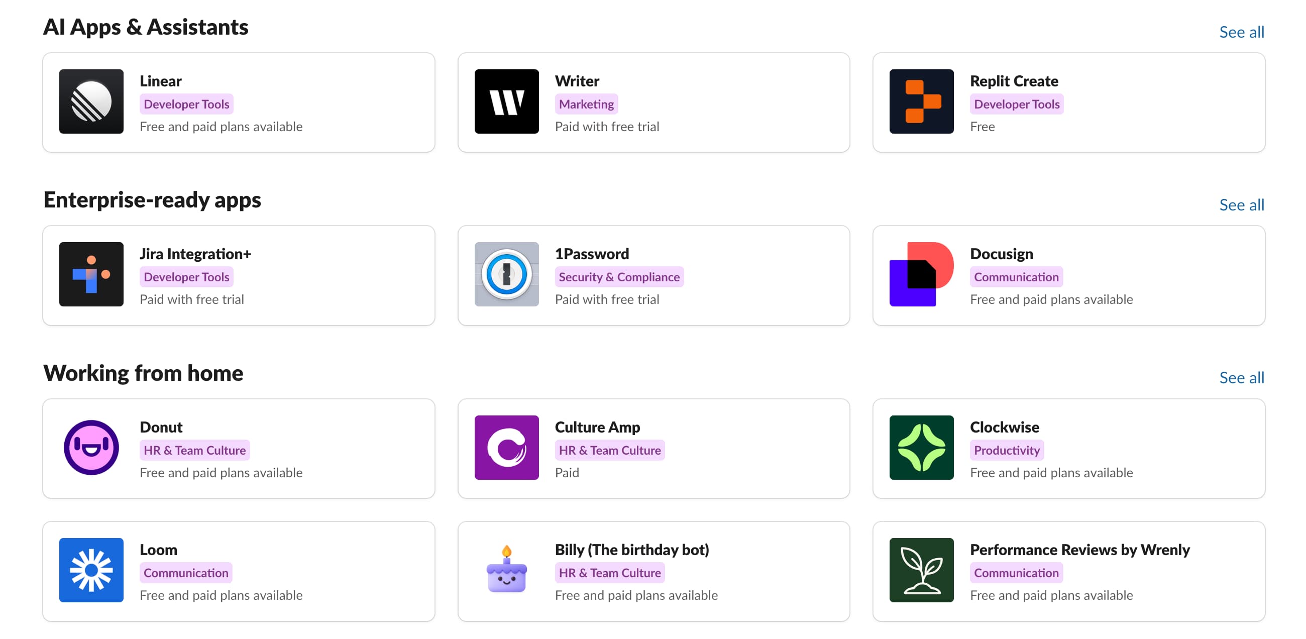 A screenshot of Slack's integration list on its website.