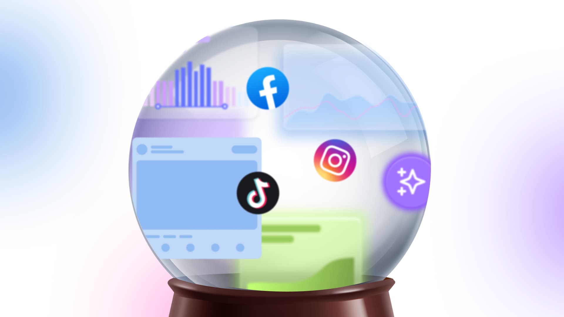 An illustration of a crystal ball showcasing different social media platforms and elements.