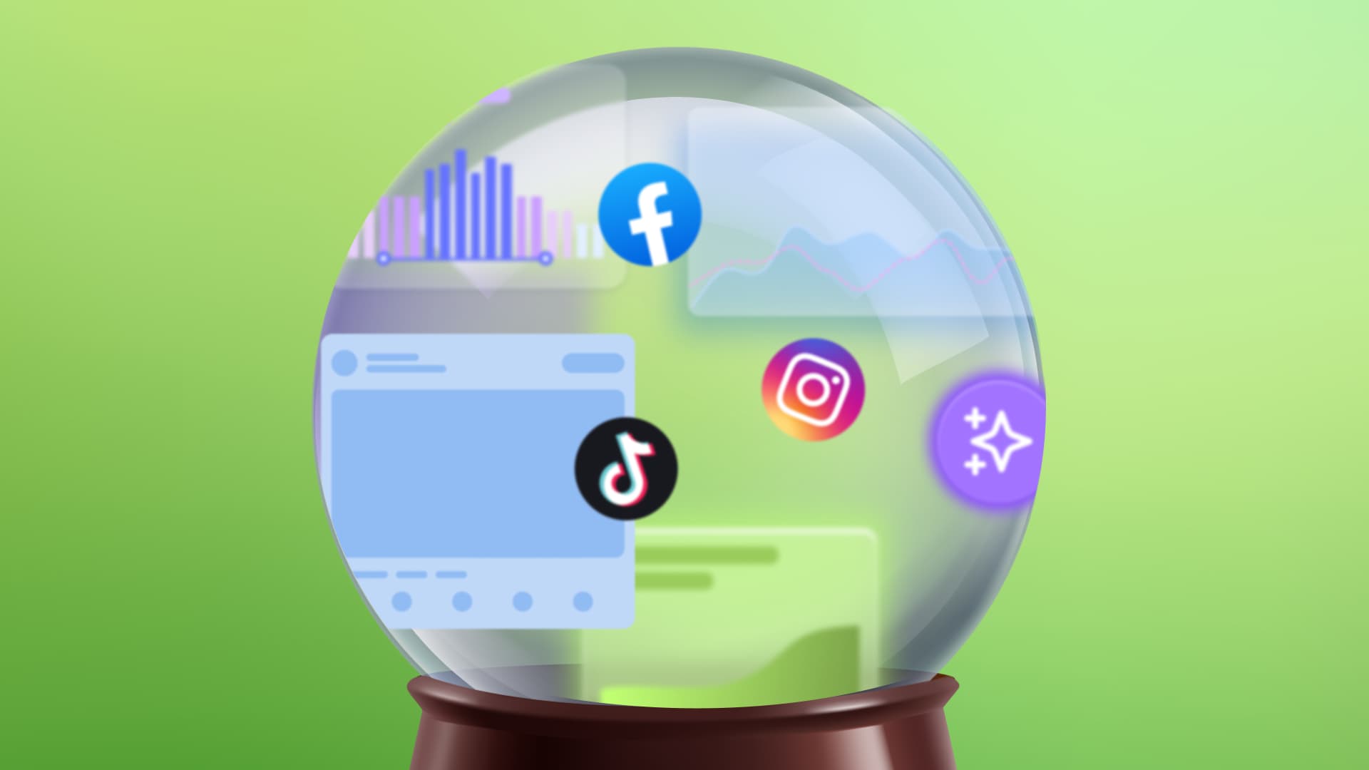 An illustration of a crystal ball showcasing different social media platforms and elements.
