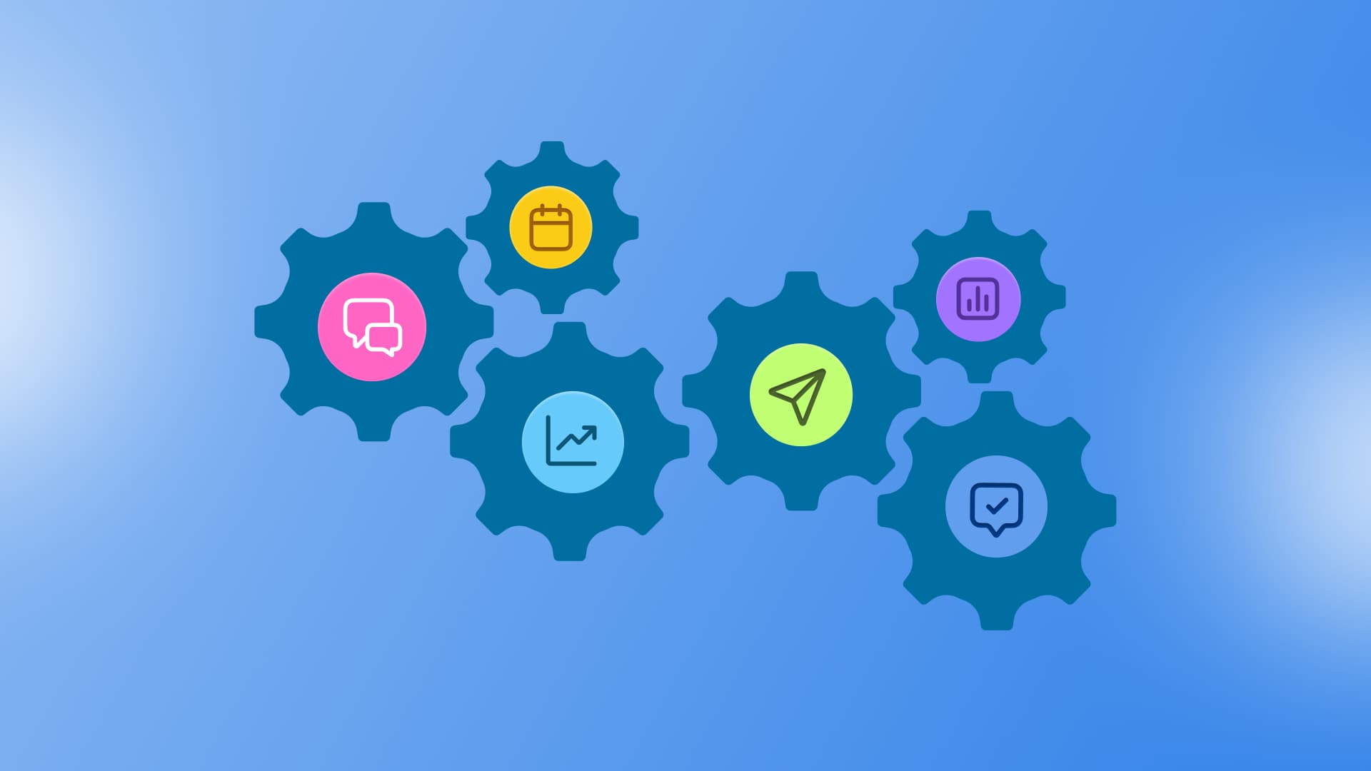 An illustration showcasing interlocking gears with social media tasks on them.