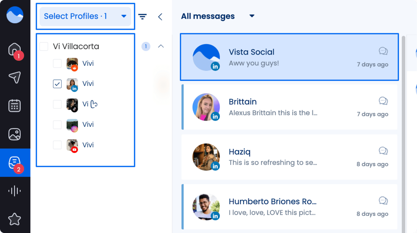 Profile groups in the social inbox in Vista Social.