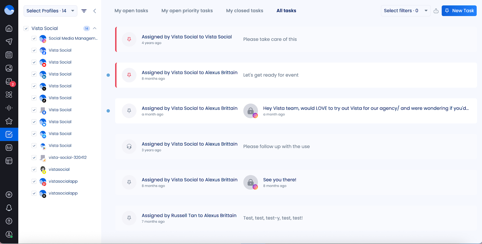 Tasks in Vista Social.