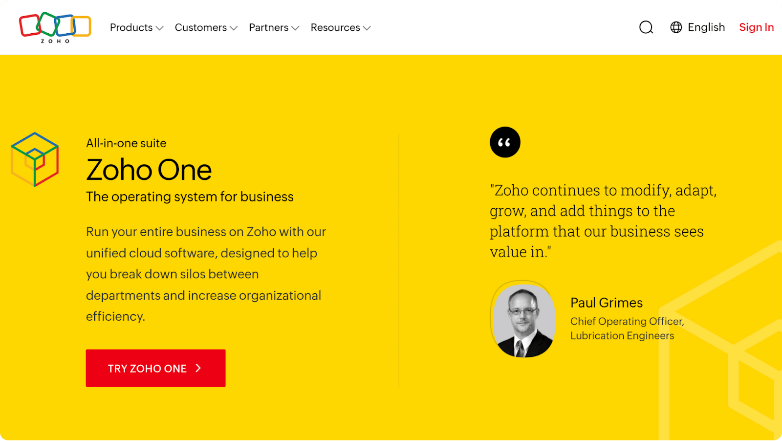 A screenshot of Zoho One's all-in-one suite website.