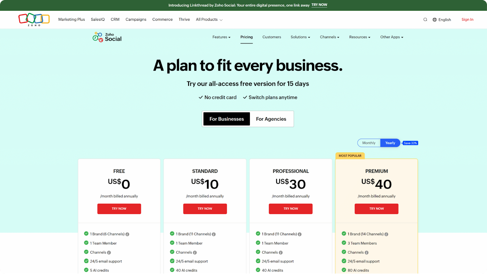 Zoho Social's pricing page.