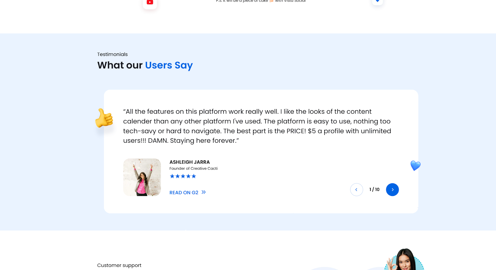 A screenshot of a testimonial on the Vista Social website.