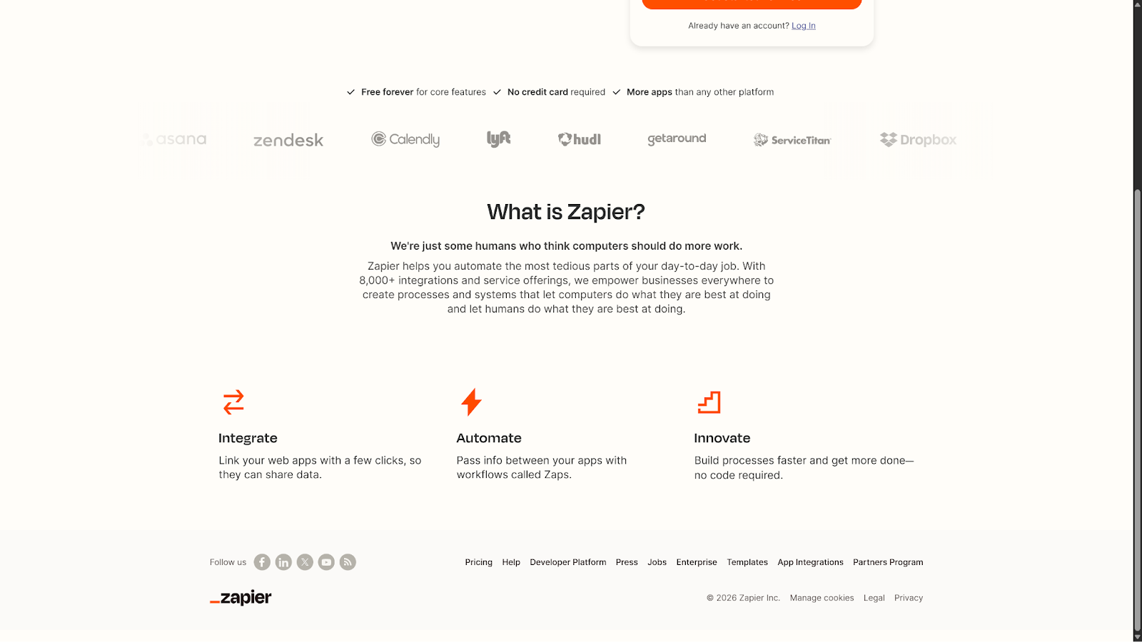 A screenshot of Zapier's website showcasing some of its integrations.