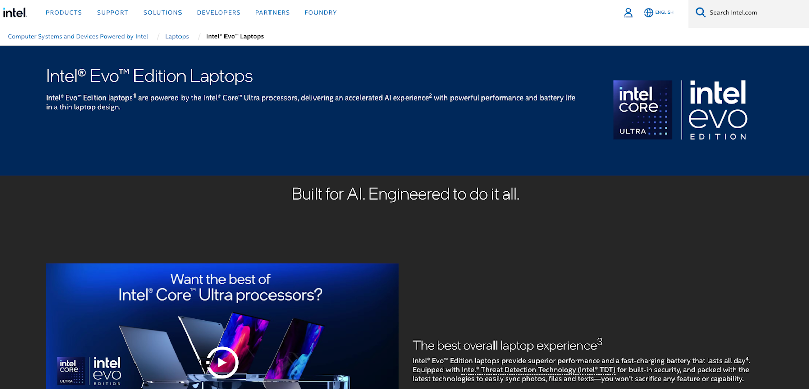 A screenshot from the Intel website for a laptop built for AI.