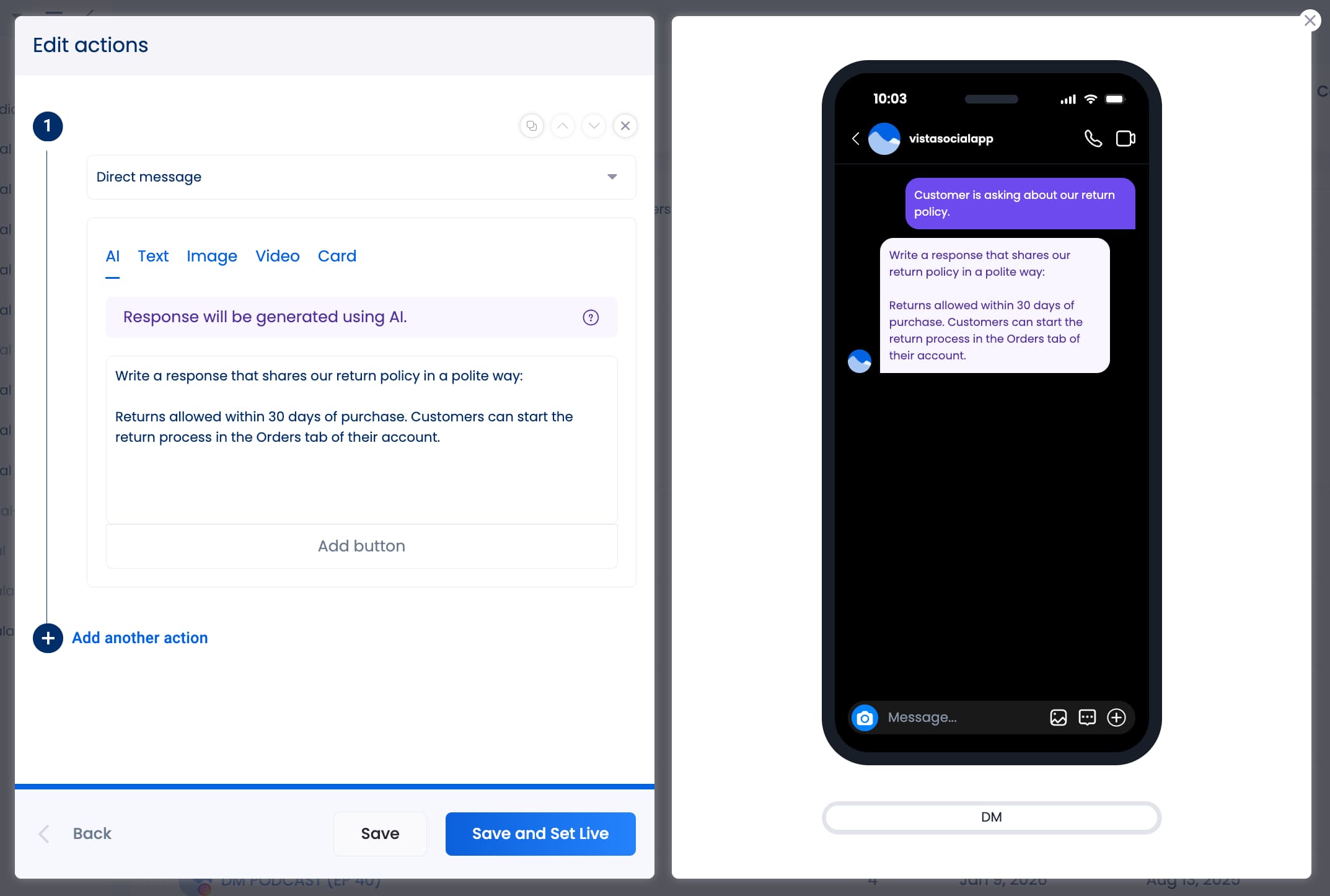 An example of an action being set up in an inbox automation in Vista Social.