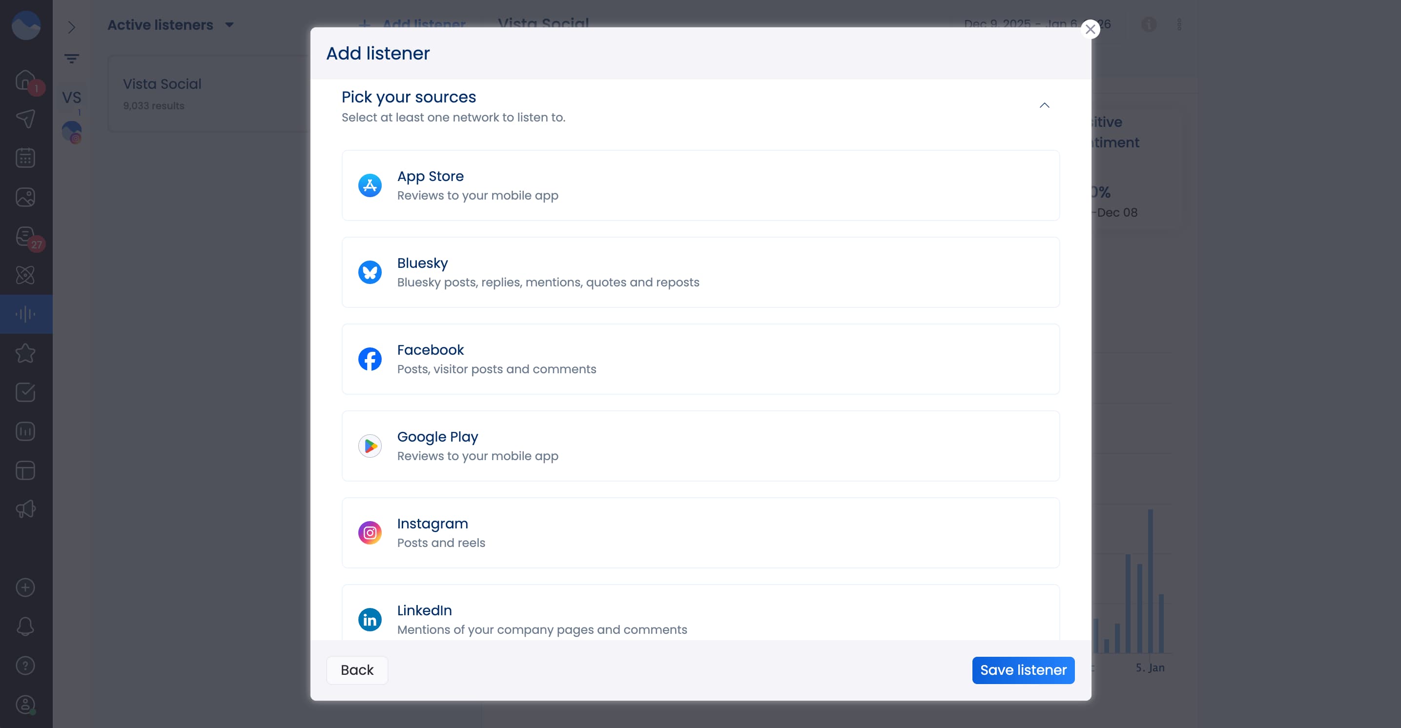 A screenshot showcasing some of the available sources for social listening in Vista Social.