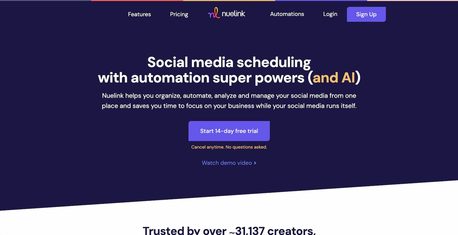 Social media automation tool Nuelink's website.