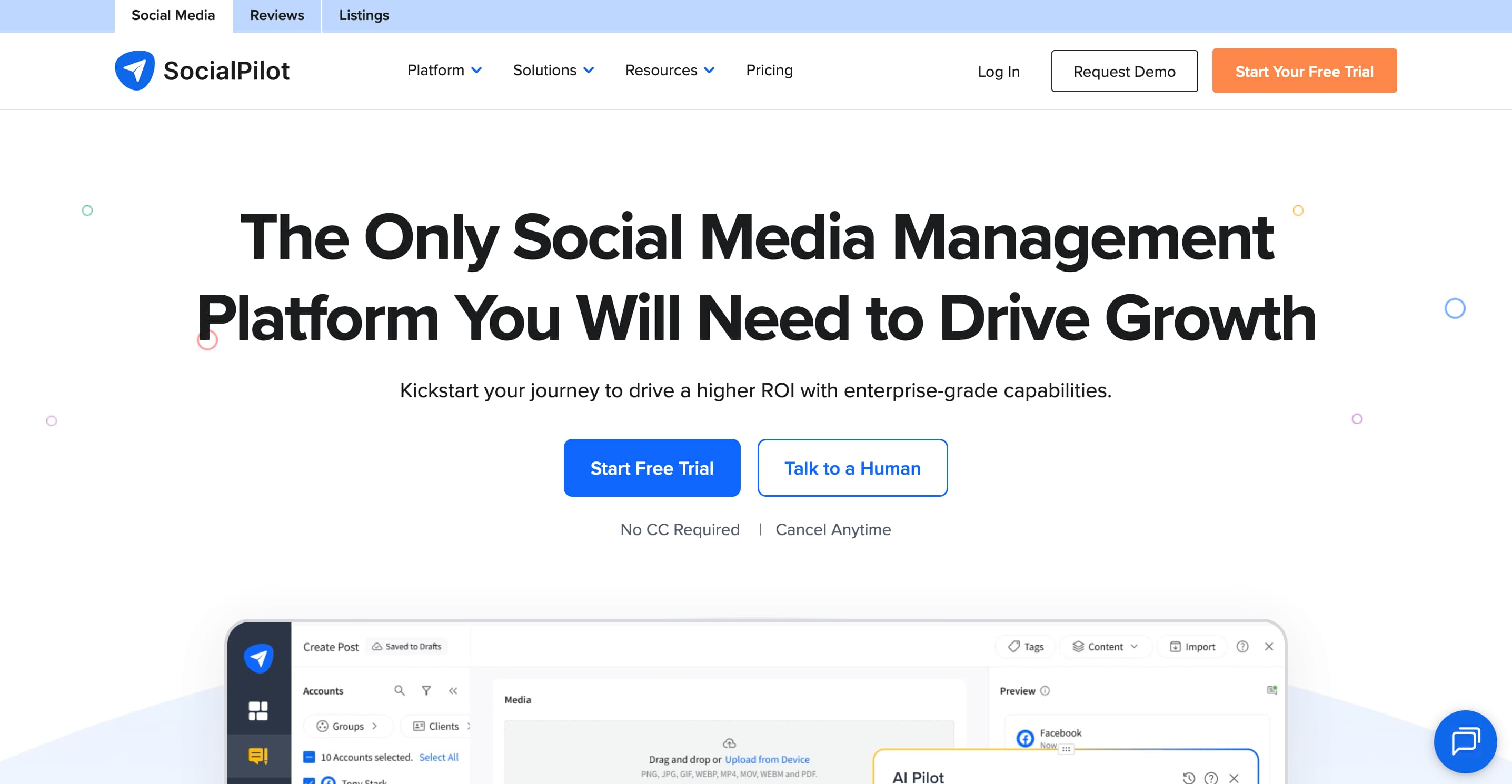 Social media automation tool SocialPilot's website.