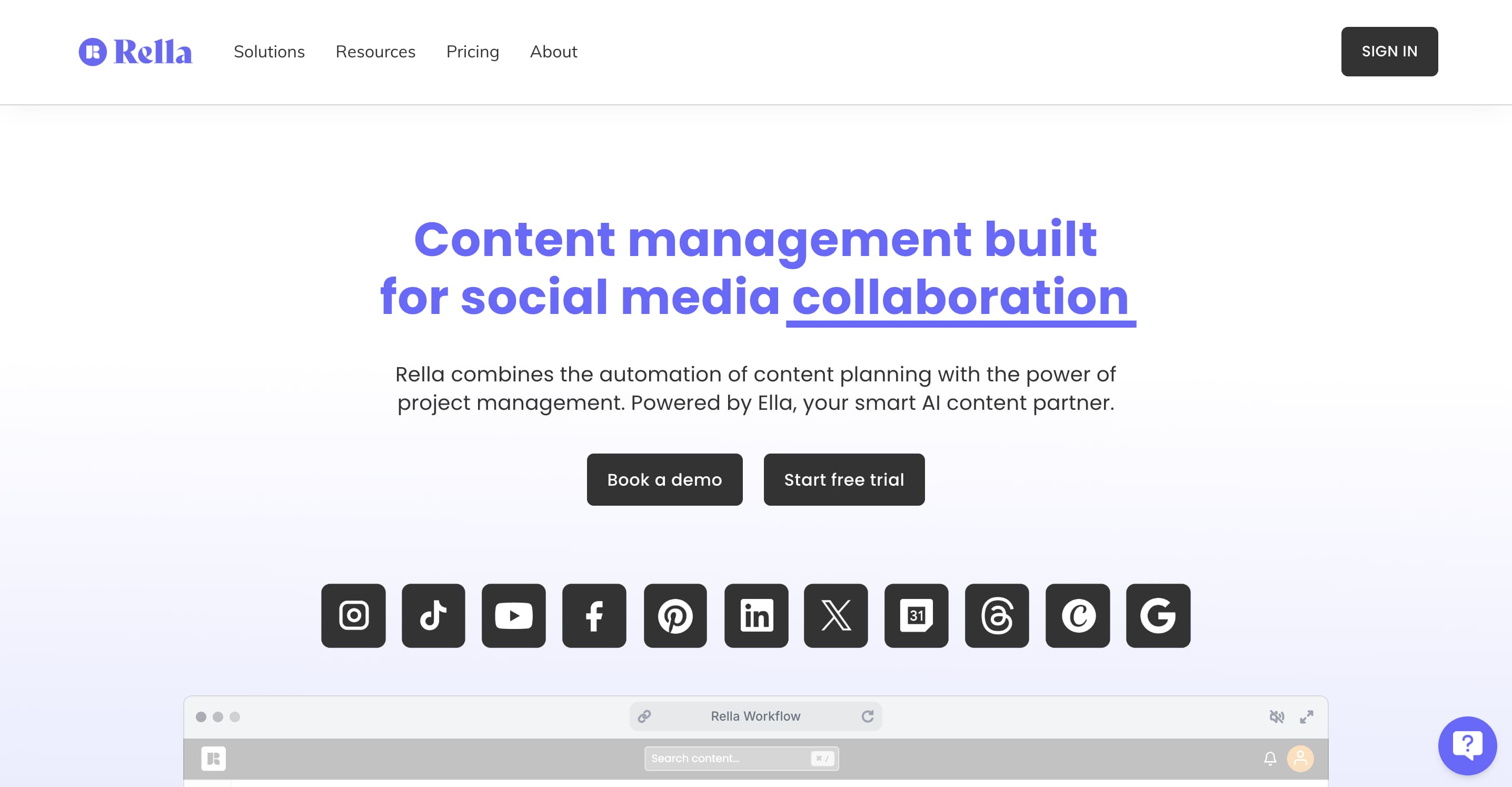 Social media automation tool Rella's website.