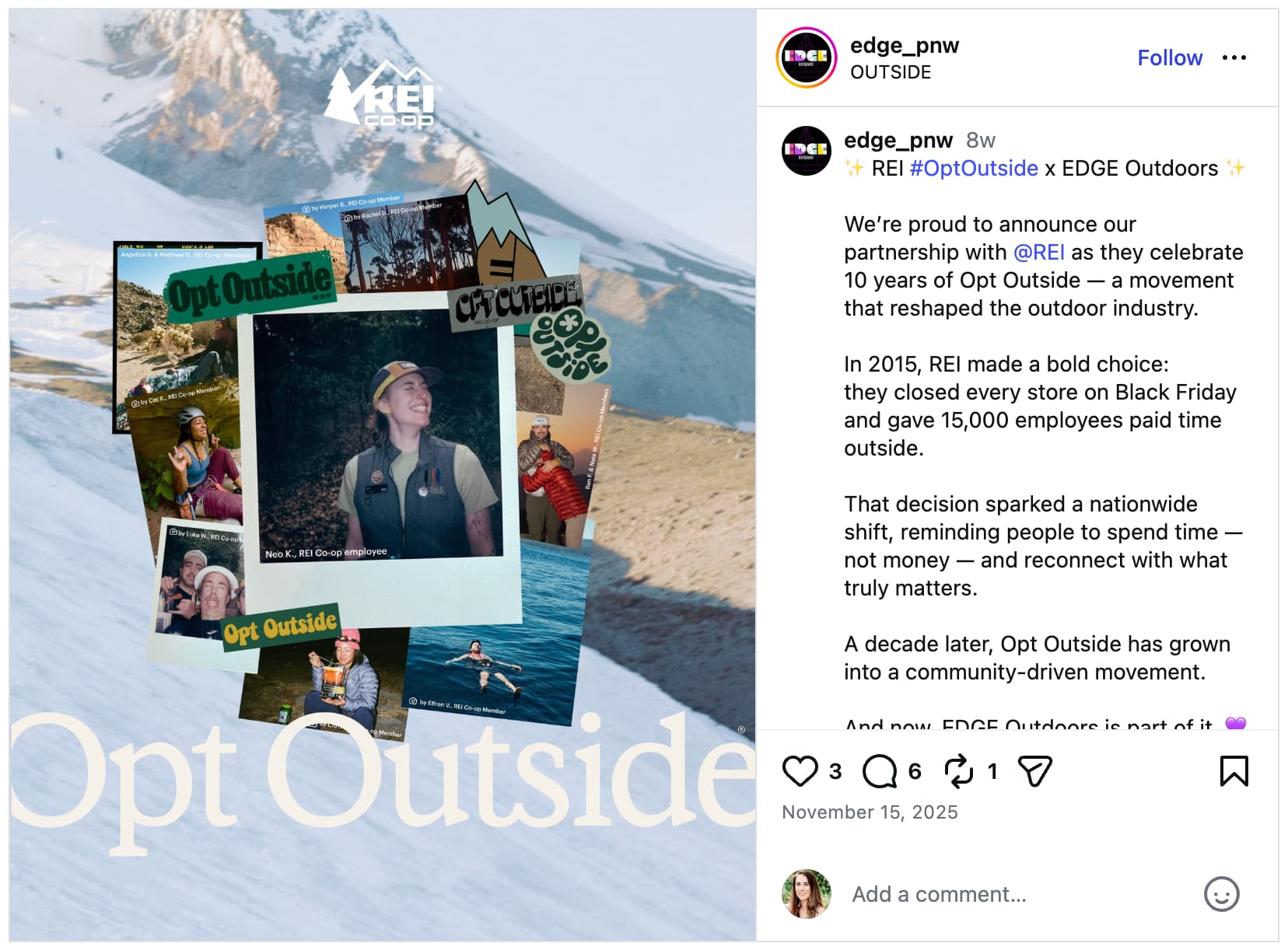 A screenshot of a UGC post for REI.