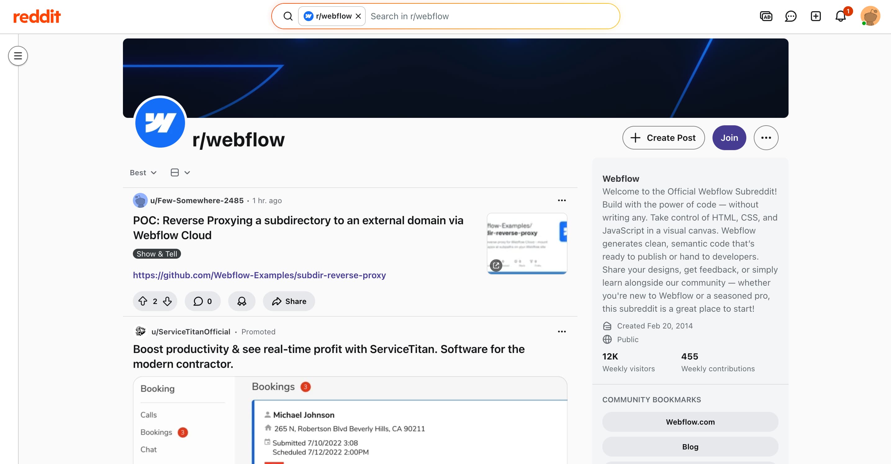A screenshot of the Webflow subreddit.