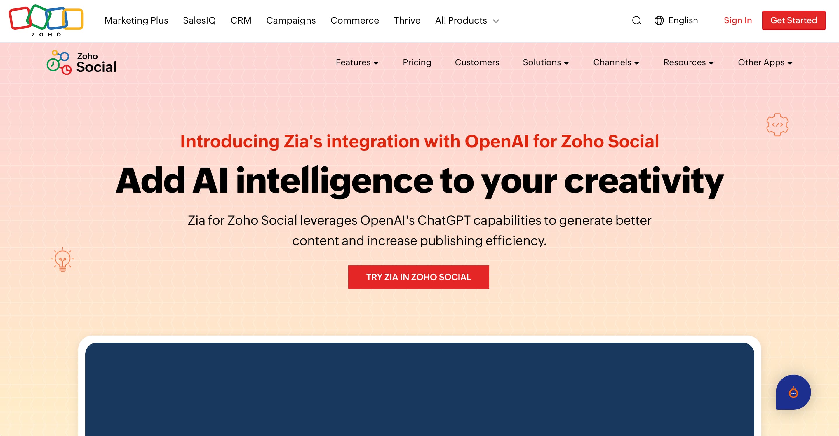 Zoho Social's AI assistant landing page.