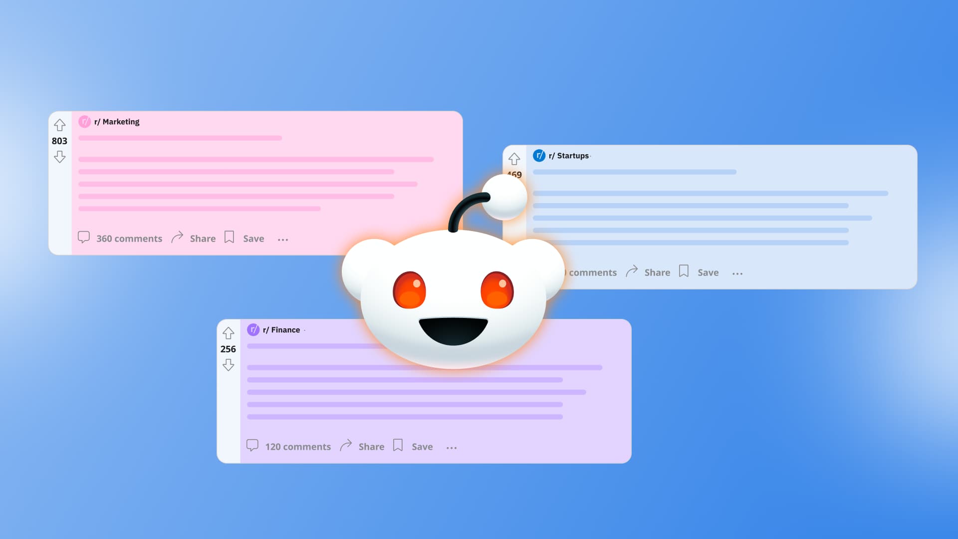 An illustration showcasing different Reddit posts with the Reddit logo atop them.