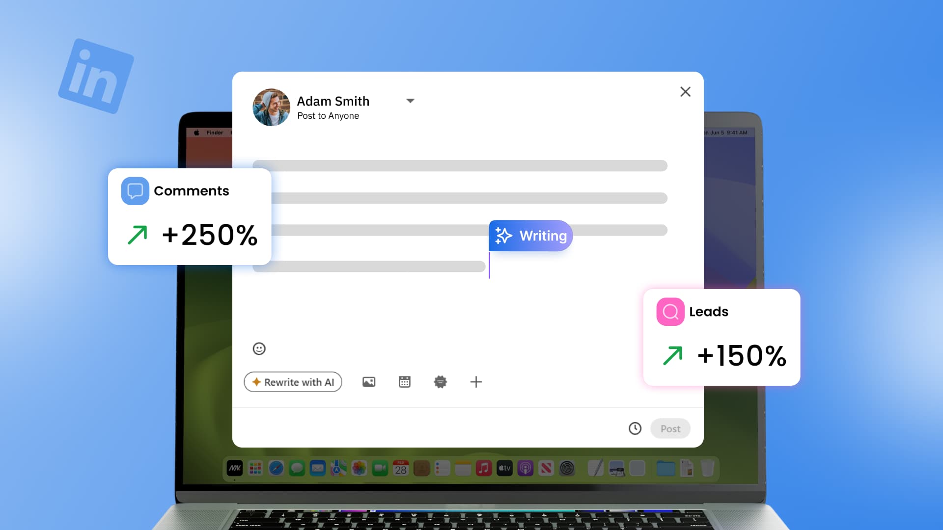 An illustration of a LinkedI post with AI helping to maximize its performance.