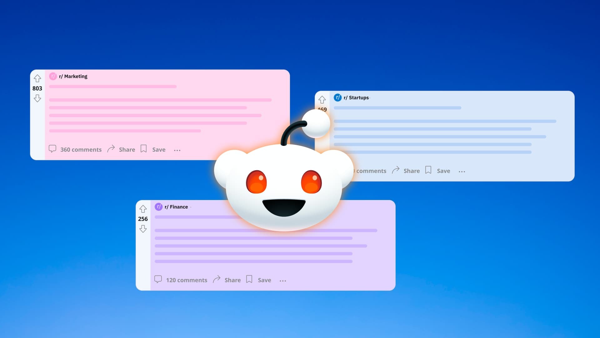 An illustration showcasing different Reddit posts with the Reddit logo atop them.