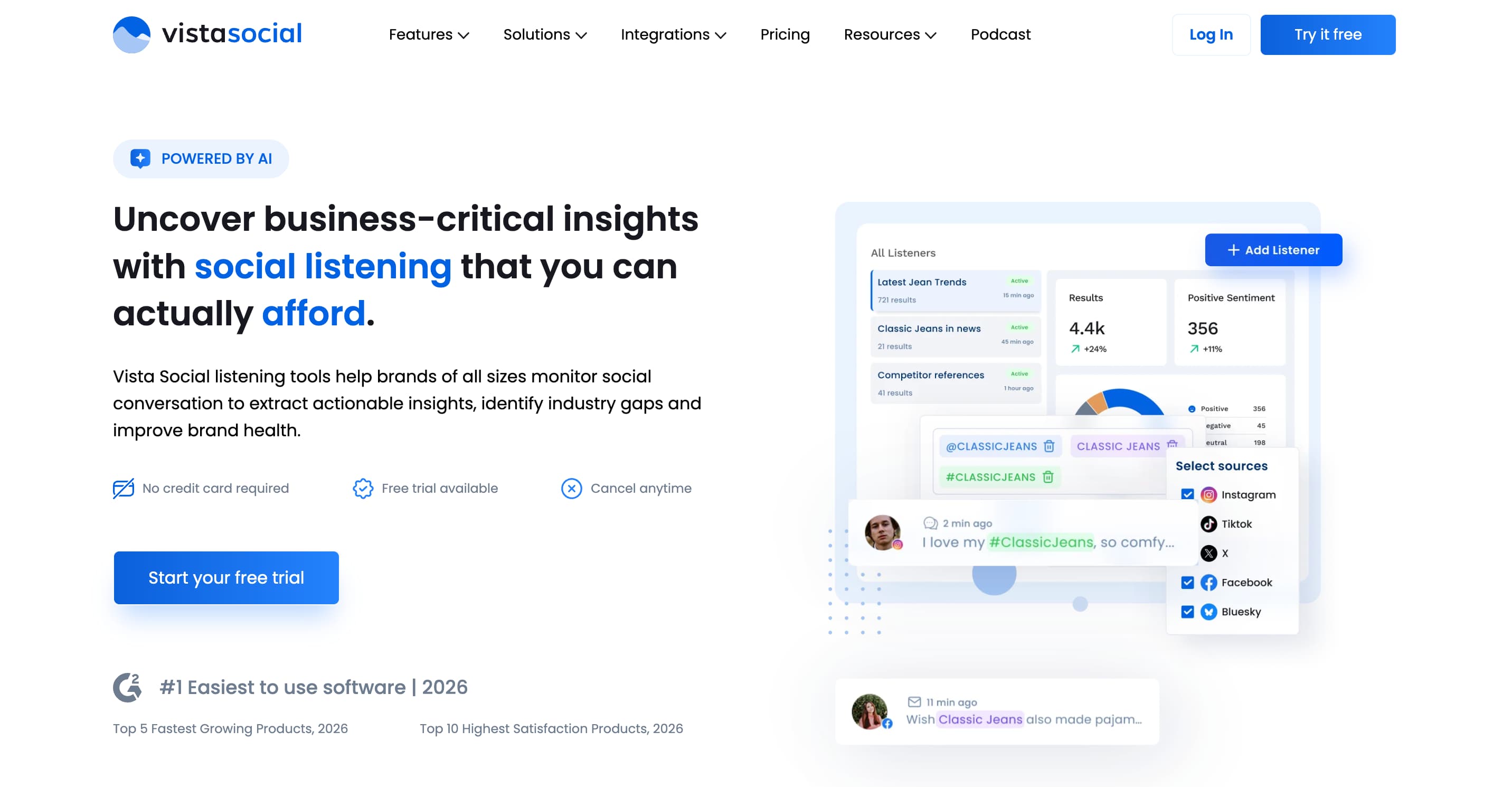 AI social listening platform Vista Social's website.