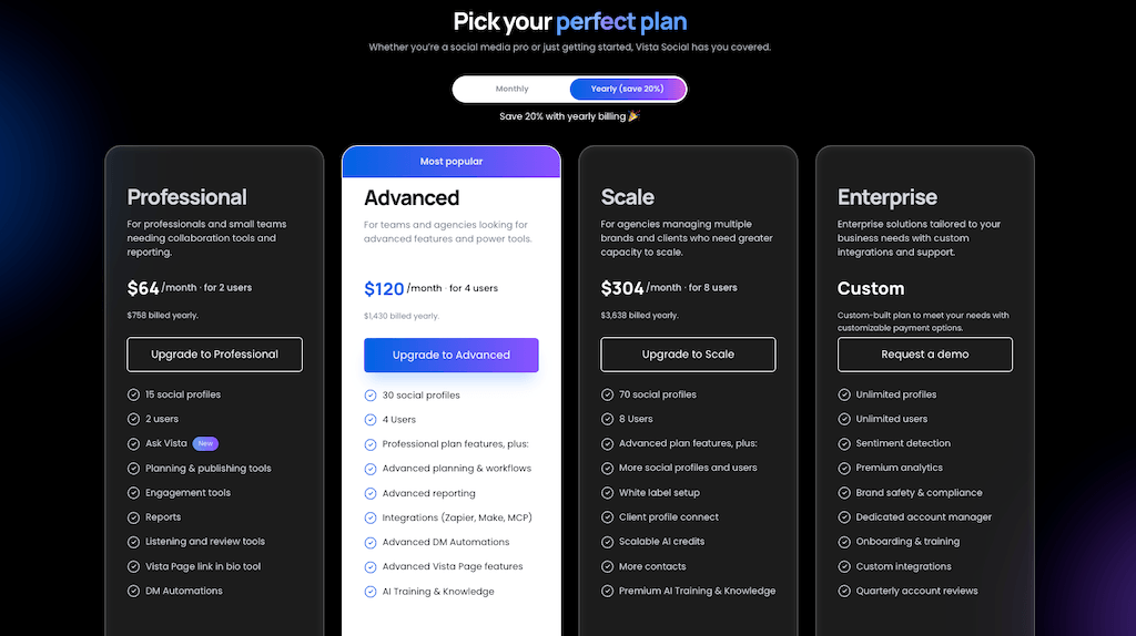 The dark mode pricing table page for Vista Social displaying Professional, Advanced, Scale, and Enterprise plans.