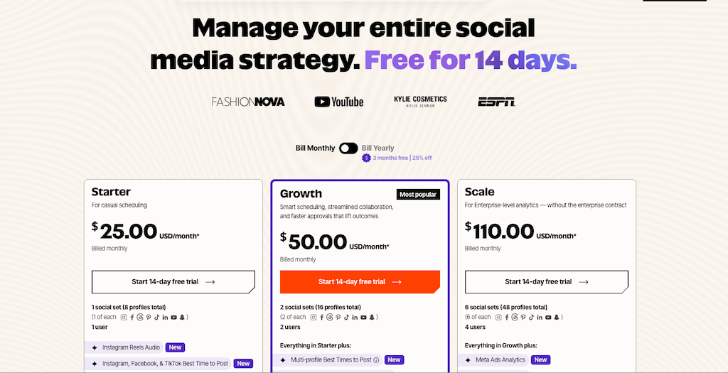 The pricing plan selection page for Later outlining Starter, Growth, and Scale subscription options.