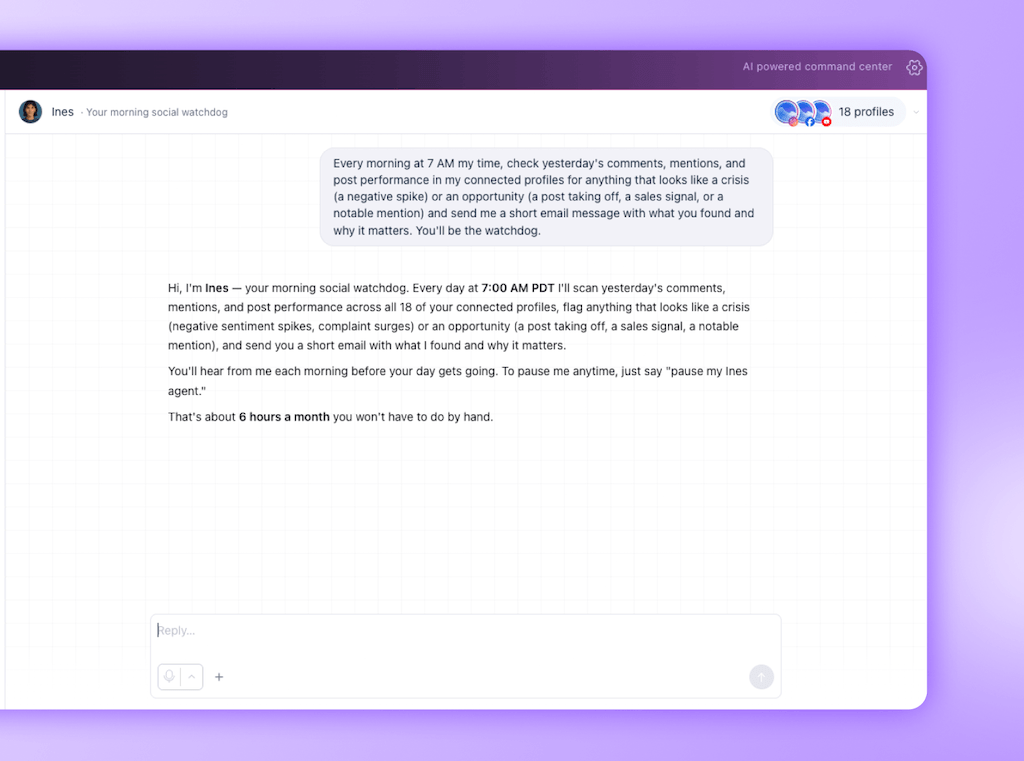 The AI agent configuration interface in Ask Vista introducing Ines, a morning social watchdog agent.