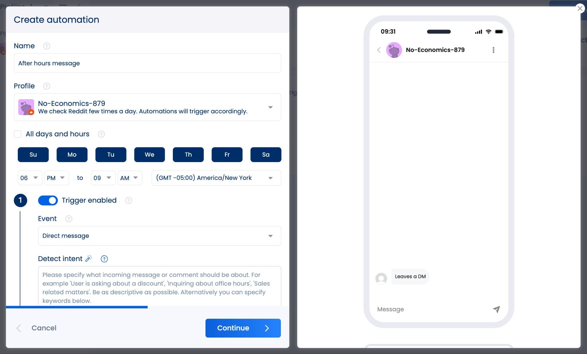 The DM automation creation screen in Vista Social showing specific days and times an automation can be triggered.