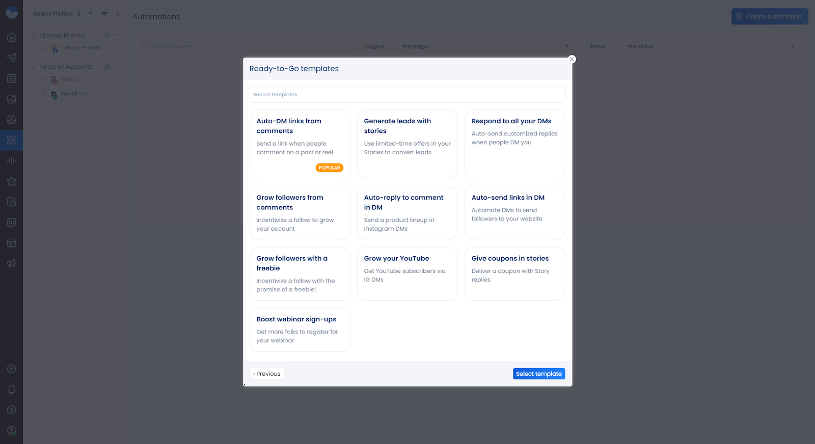 DM automation templates available in Vista Social.