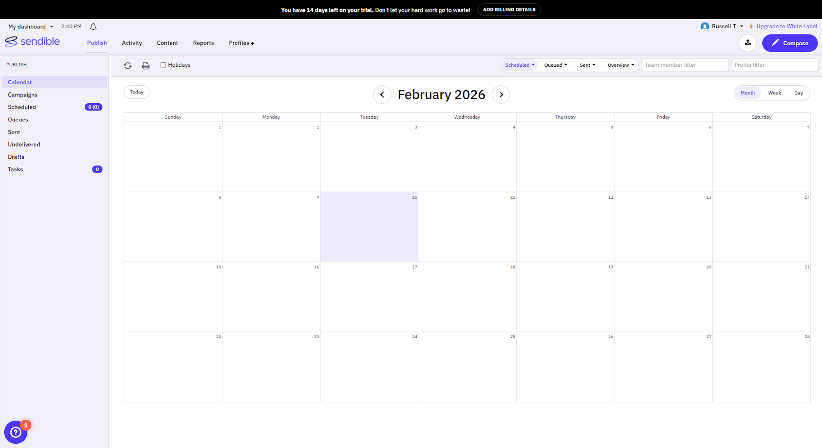 The content calendar in Sendible.