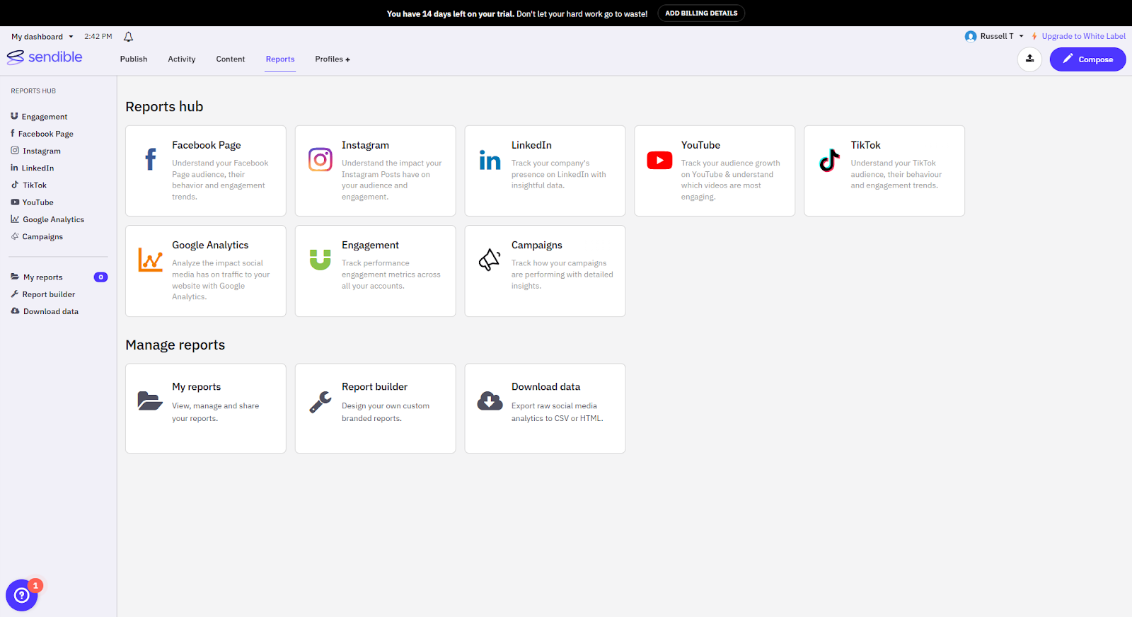 The reports hub in Sendible.