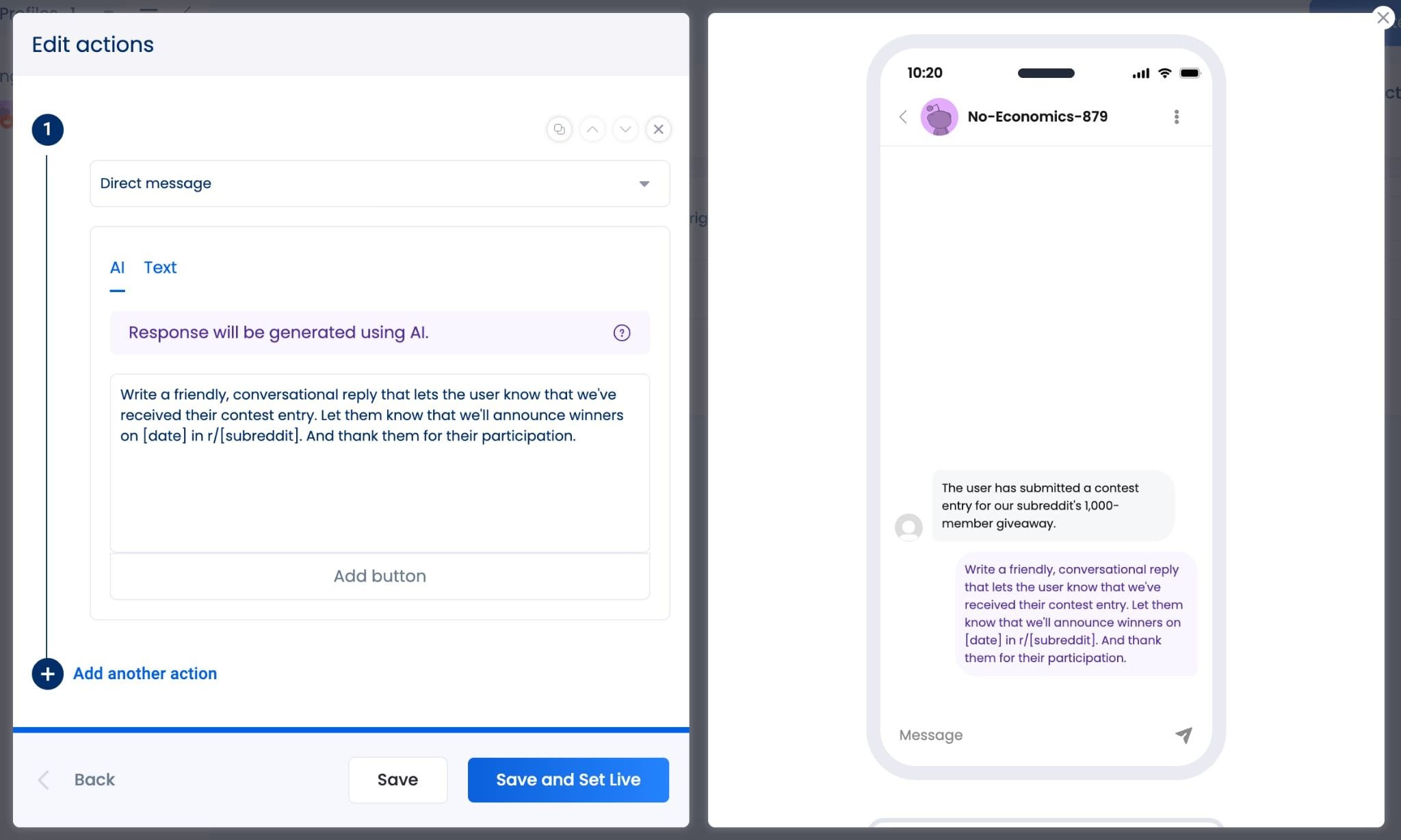 The DM automation screen creating an auto-response to a Reddit DM about a contest entry.